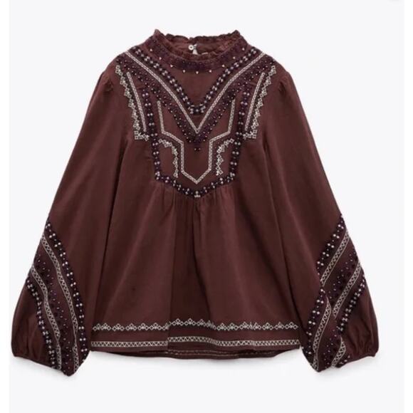 Zara Woman's Long Sleeve Beaded Embroidered Blouse Top Brown Size Small - Picture 1 of 14